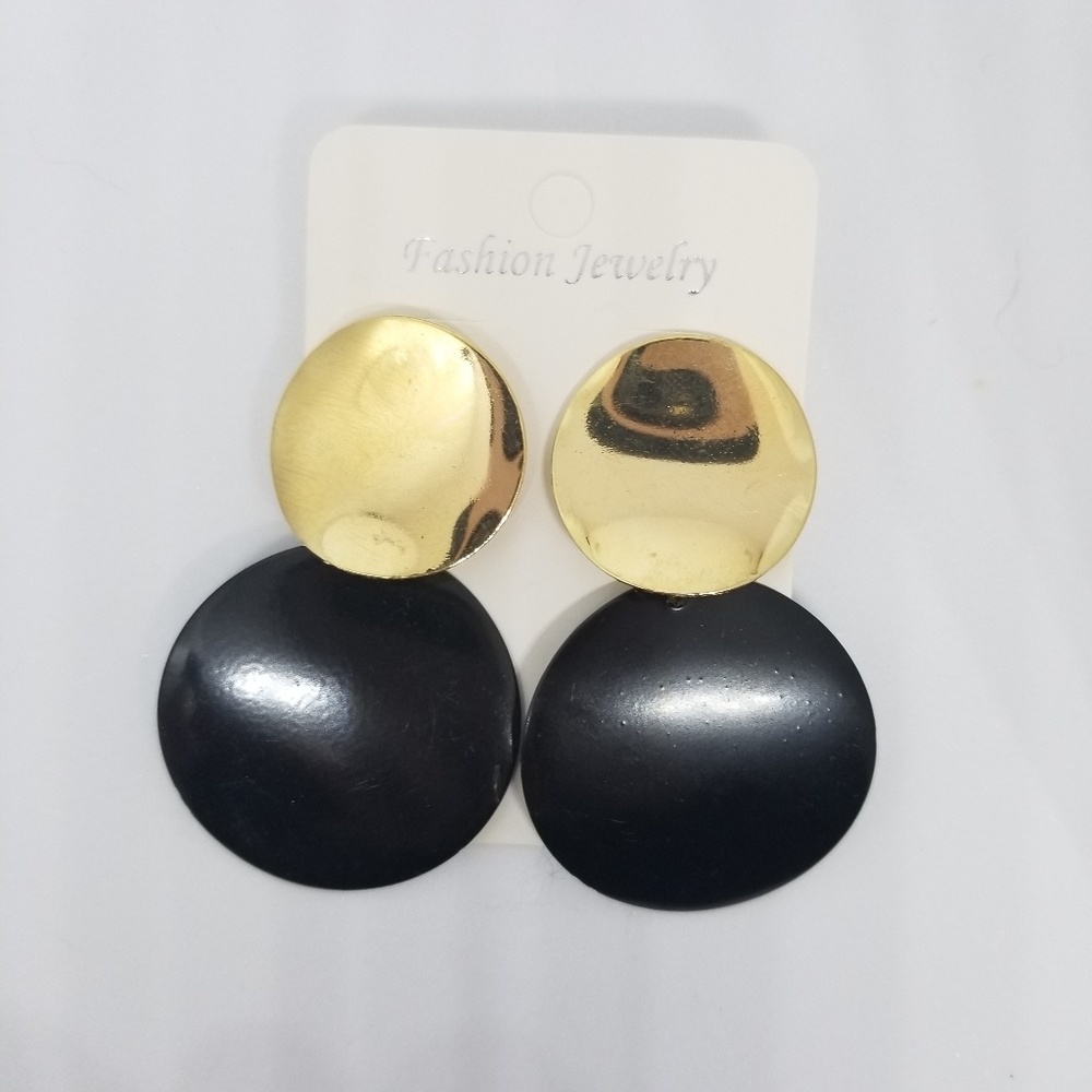 Black and gold round statement earrings